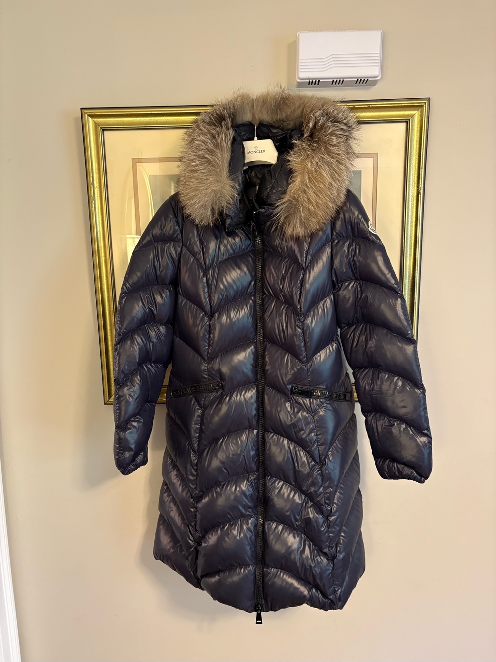 Moncler Women's Dark Blue Down Puffer Coat with Fur Trim